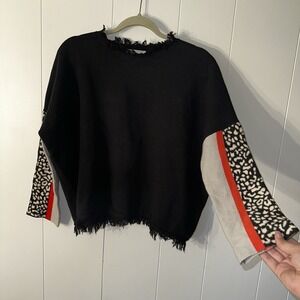 THML Anthropologie Women's Distressed Sweater Black Orange Leopard Print Size Sm